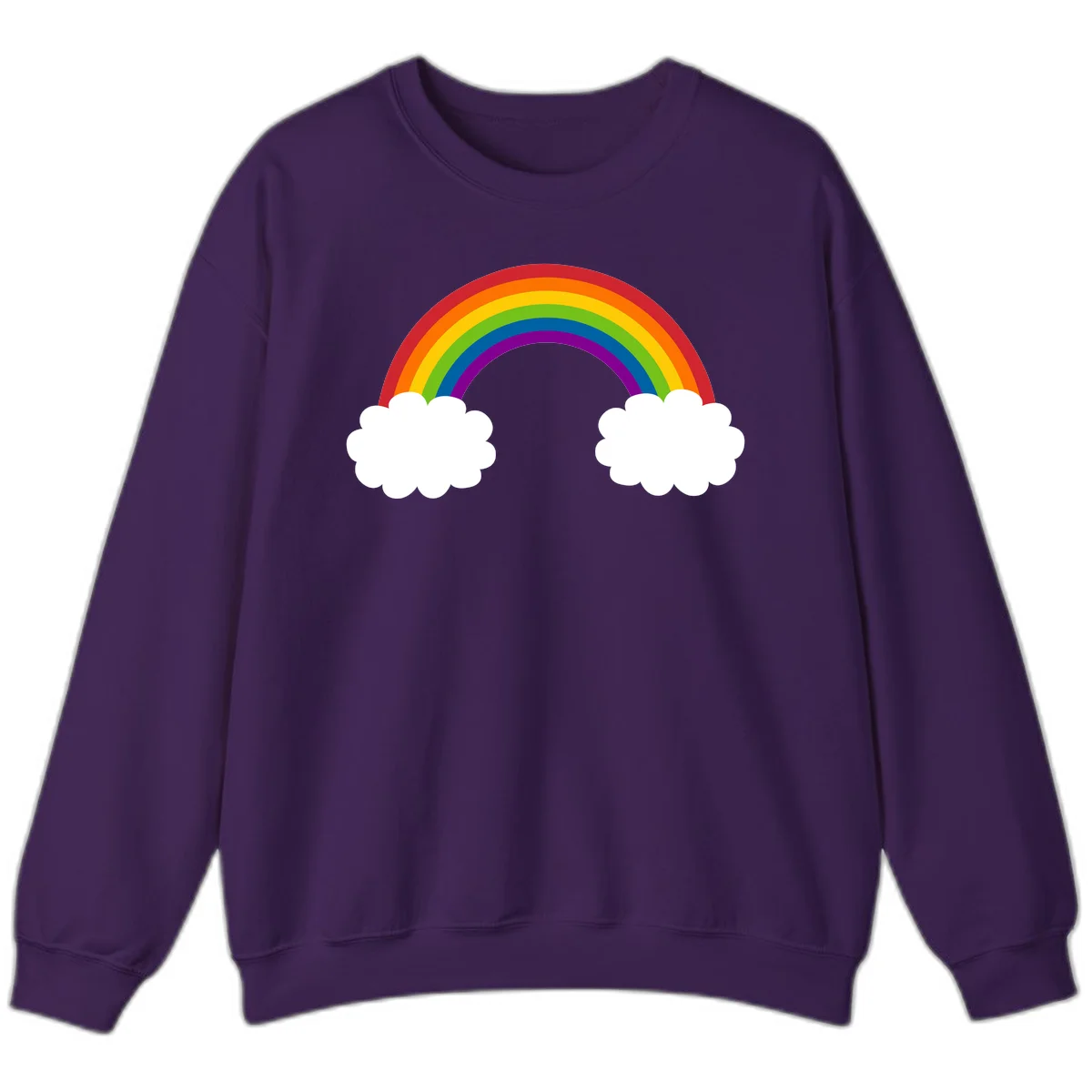 Vibrant rainbow arc spanning between two white clouds on gray background, rainbow-cloud-bridge design in Purple