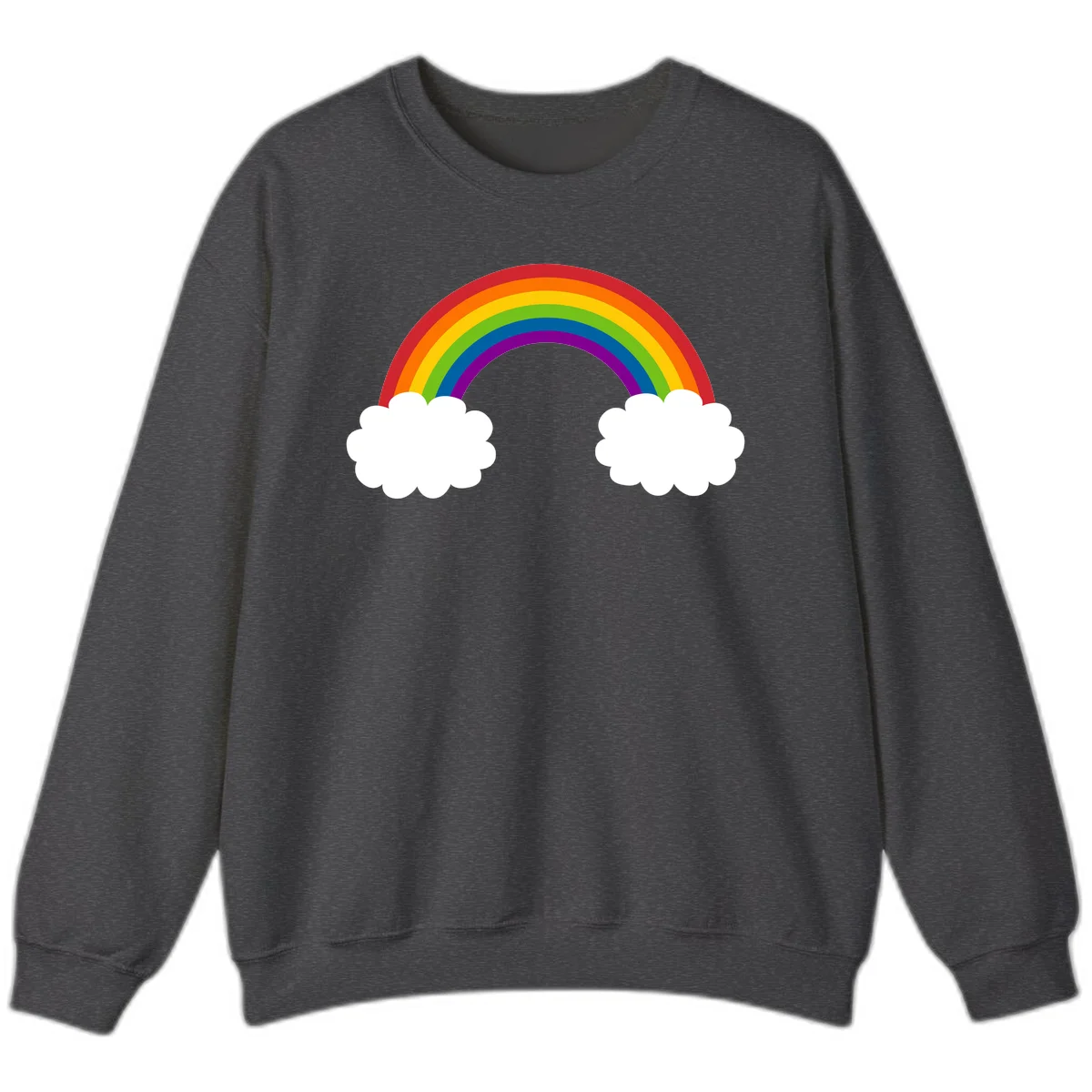 Vibrant rainbow arc spanning between two white clouds on gray background, rainbow-cloud-bridge design in Dark Heather