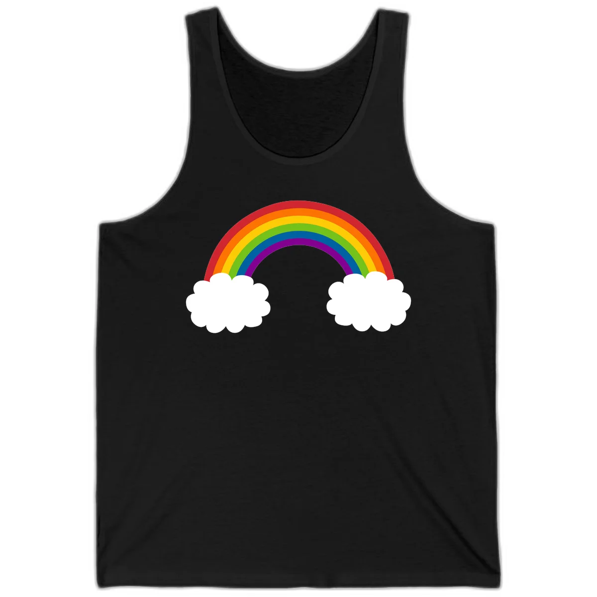 Vibrant rainbow arc spanning between two white clouds on gray background, rainbow-cloud-bridge design in Black
