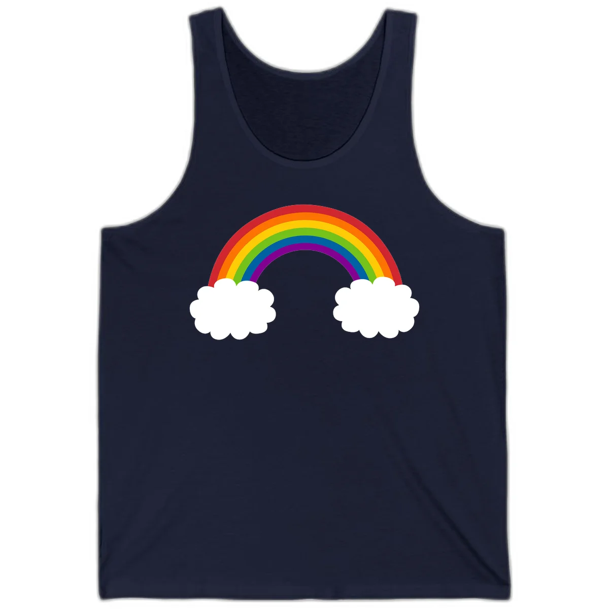 Vibrant rainbow arc spanning between two white clouds on gray background, rainbow-cloud-bridge design in Navy