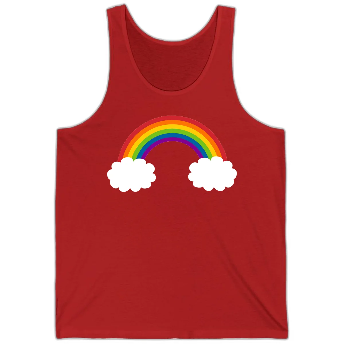 Vibrant rainbow arc spanning between two white clouds on gray background, rainbow-cloud-bridge design in Red