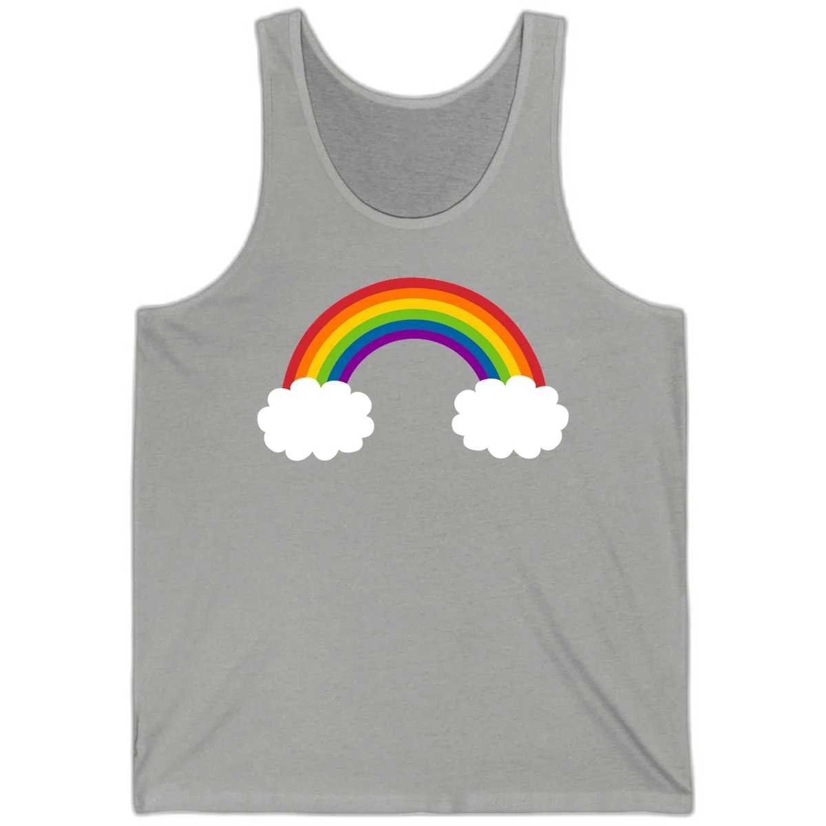 Vibrant rainbow arc spanning between two white clouds on gray background, rainbow-cloud-bridge design in Athletic Heather