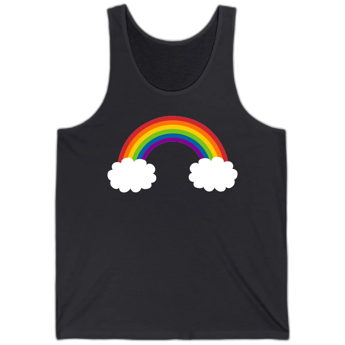 Vibrant rainbow arc spanning between two white clouds on gray background, rainbow-cloud-bridge design in Dark Grey