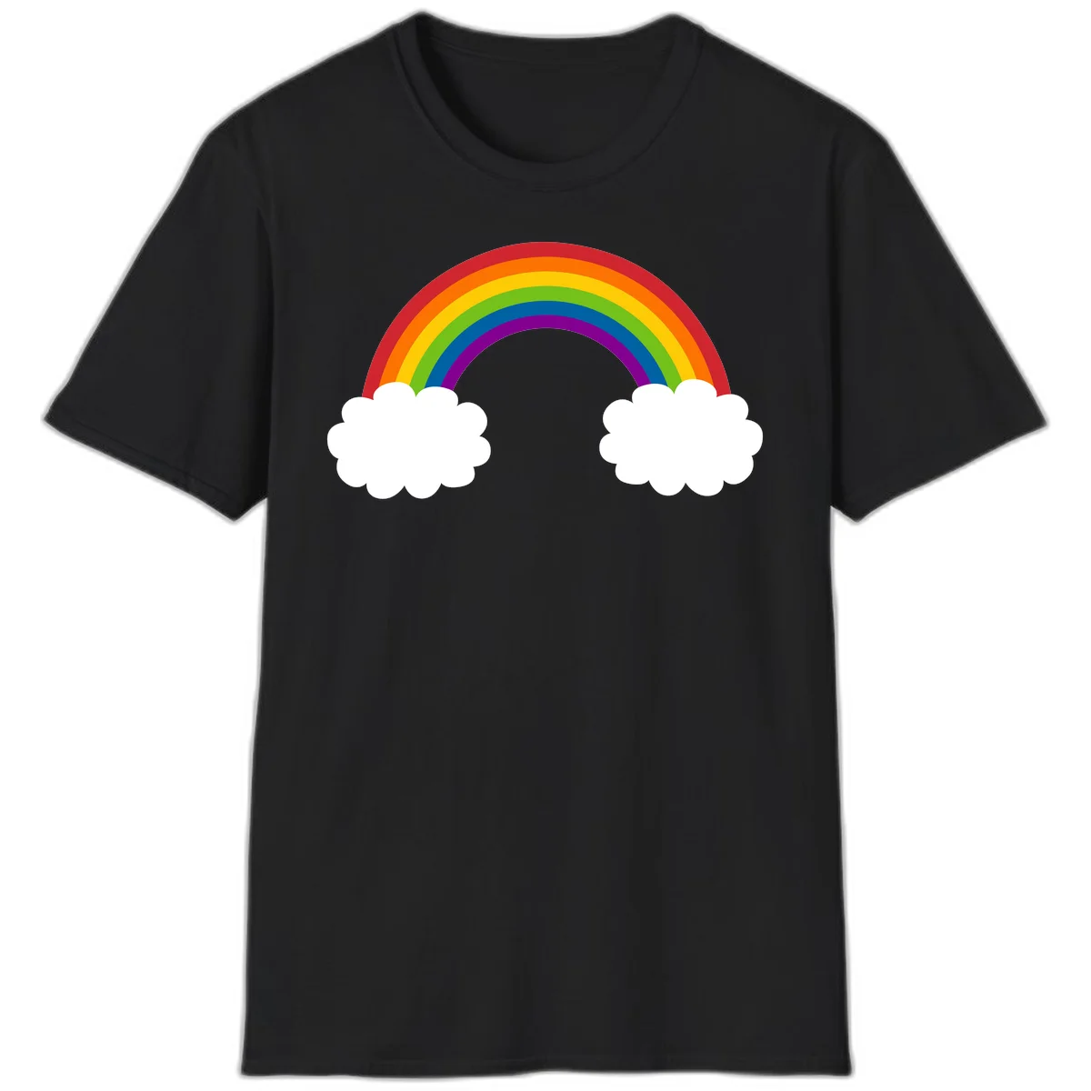 Vibrant rainbow arc spanning between two white clouds on gray background, rainbow-cloud-bridge design in Black