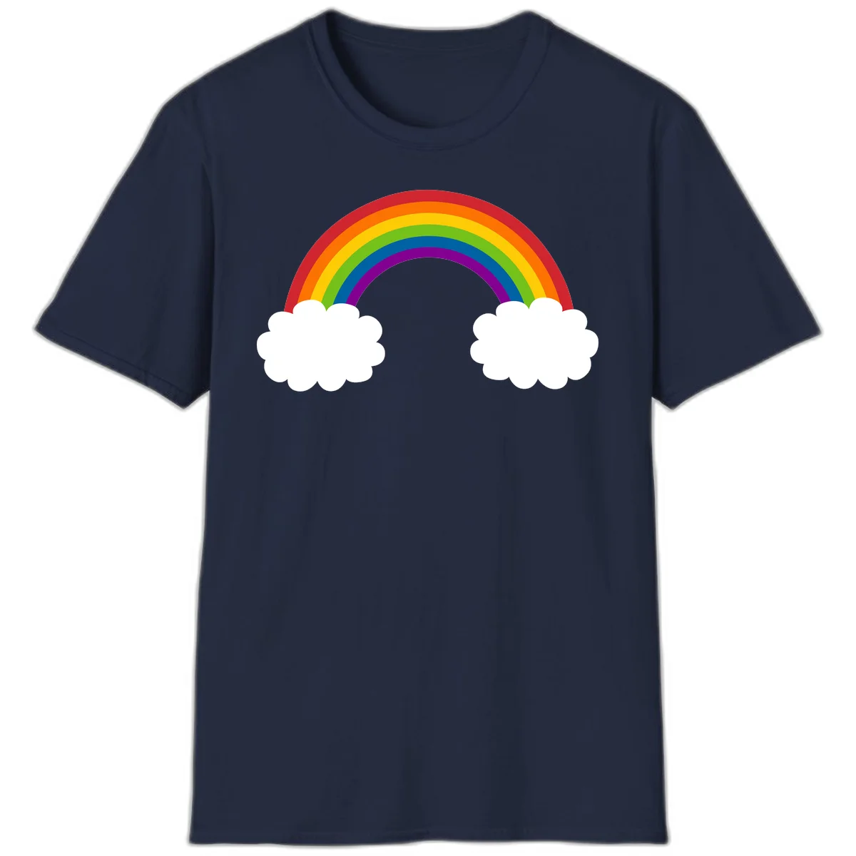 Vibrant rainbow arc spanning between two white clouds on gray background, rainbow-cloud-bridge design in Navy