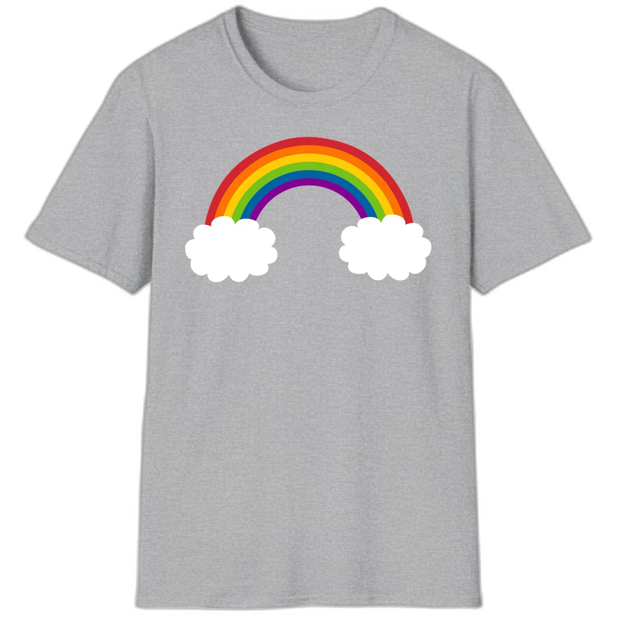 Vibrant rainbow arc spanning between two white clouds on gray background, rainbow-cloud-bridge design in Sport Grey