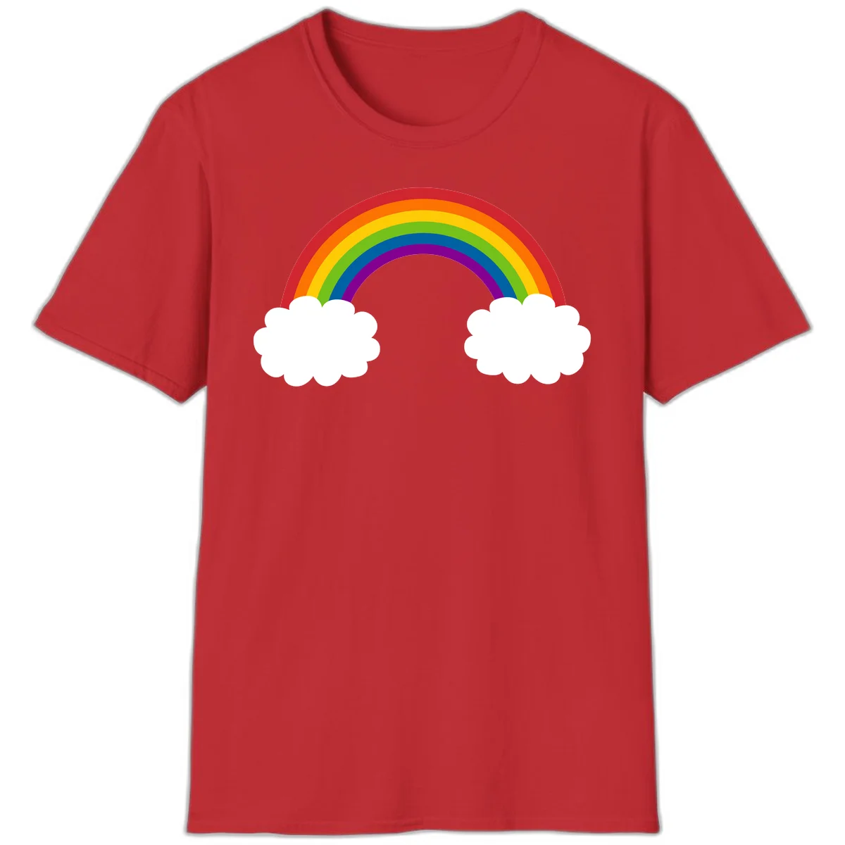 Vibrant rainbow arc spanning between two white clouds on gray background, rainbow-cloud-bridge design in Red