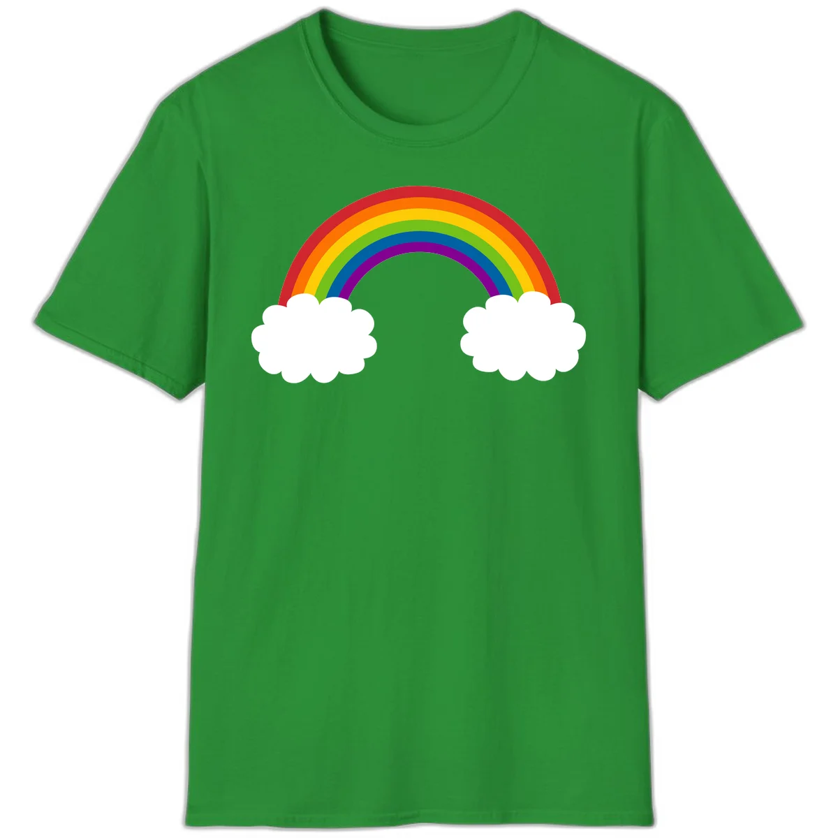 Vibrant rainbow arc spanning between two white clouds on gray background, rainbow-cloud-bridge design in Irish Green
