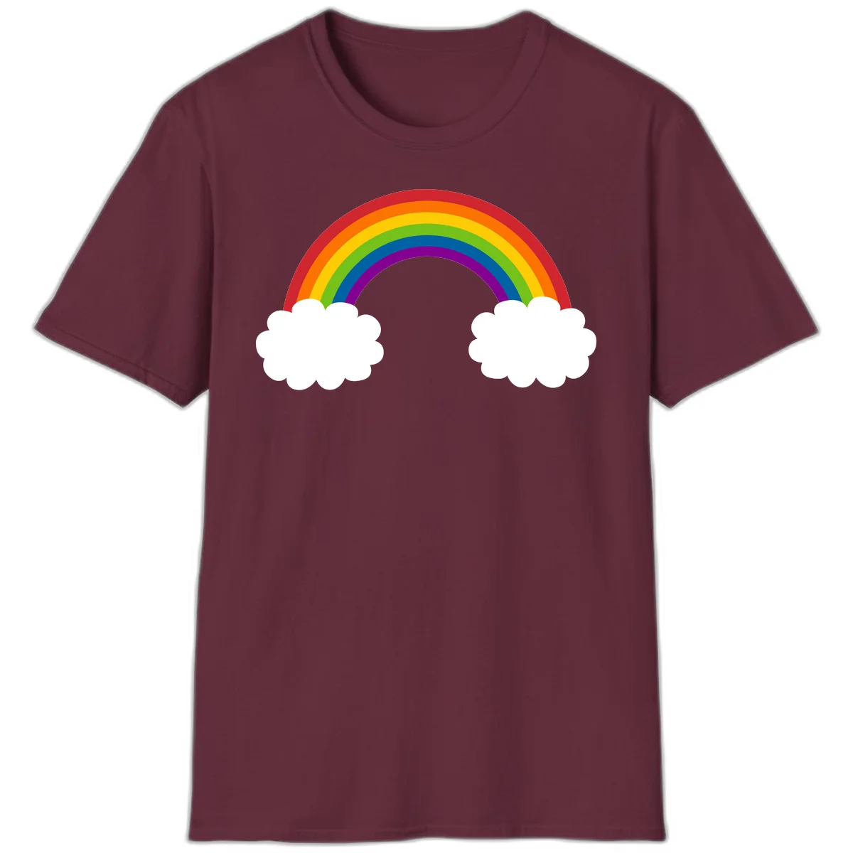 Vibrant rainbow arc spanning between two white clouds on gray background, rainbow-cloud-bridge design in Maroon