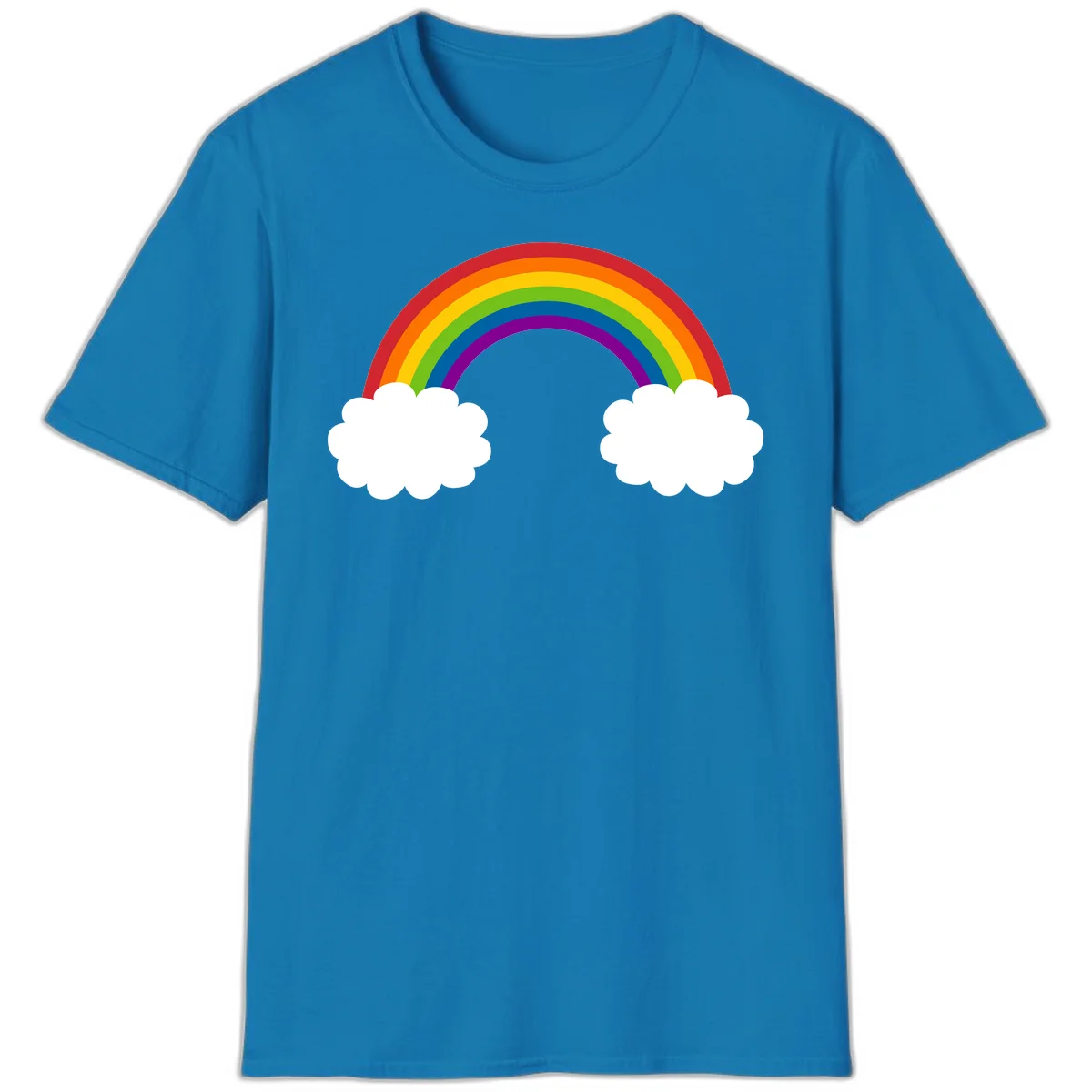 Vibrant rainbow arc spanning between two white clouds on gray background, rainbow-cloud-bridge design in Sapphire