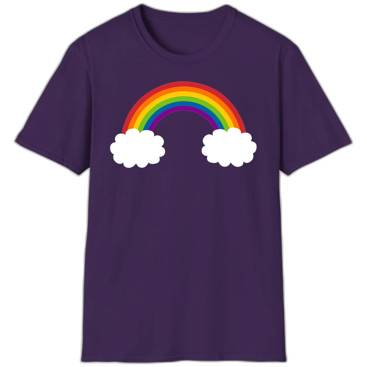 Vibrant rainbow arc spanning between two white clouds on gray background, rainbow-cloud-bridge design in Purple