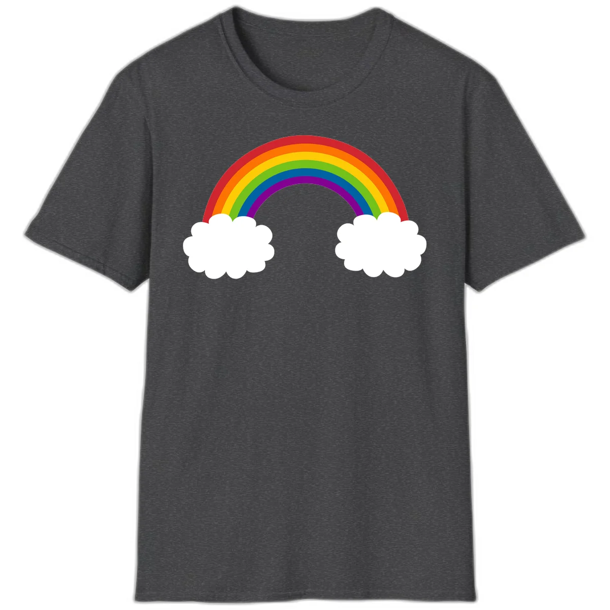 Vibrant rainbow arc spanning between two white clouds on gray background, rainbow-cloud-bridge design in Dark Heather