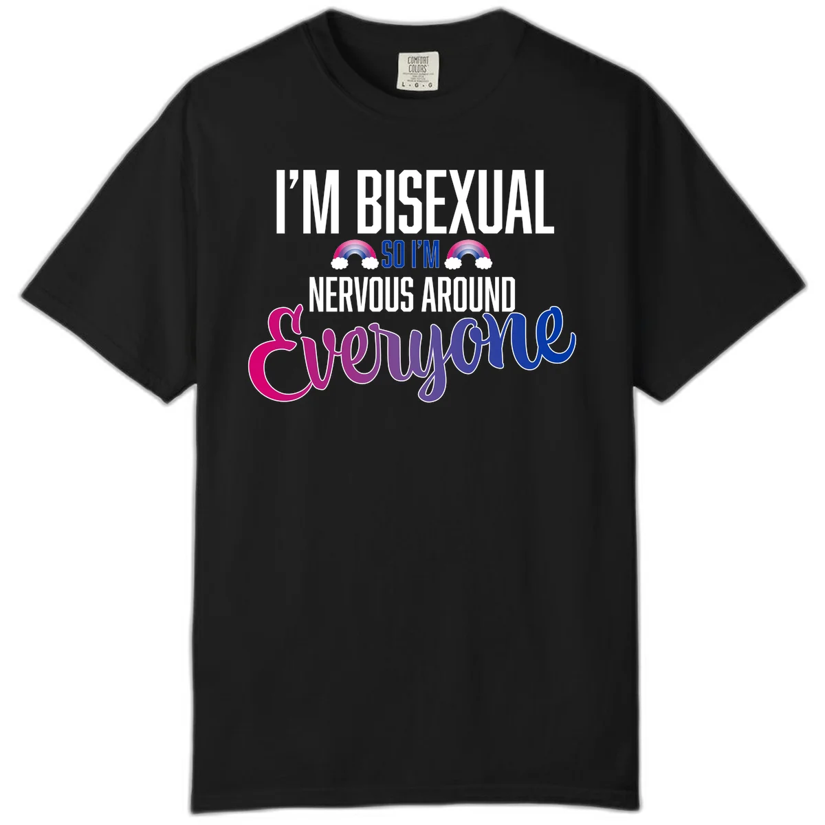 Bisexual nervous energy design with white text and rainbow clouds on gray background, featuring humorous pride message in Black