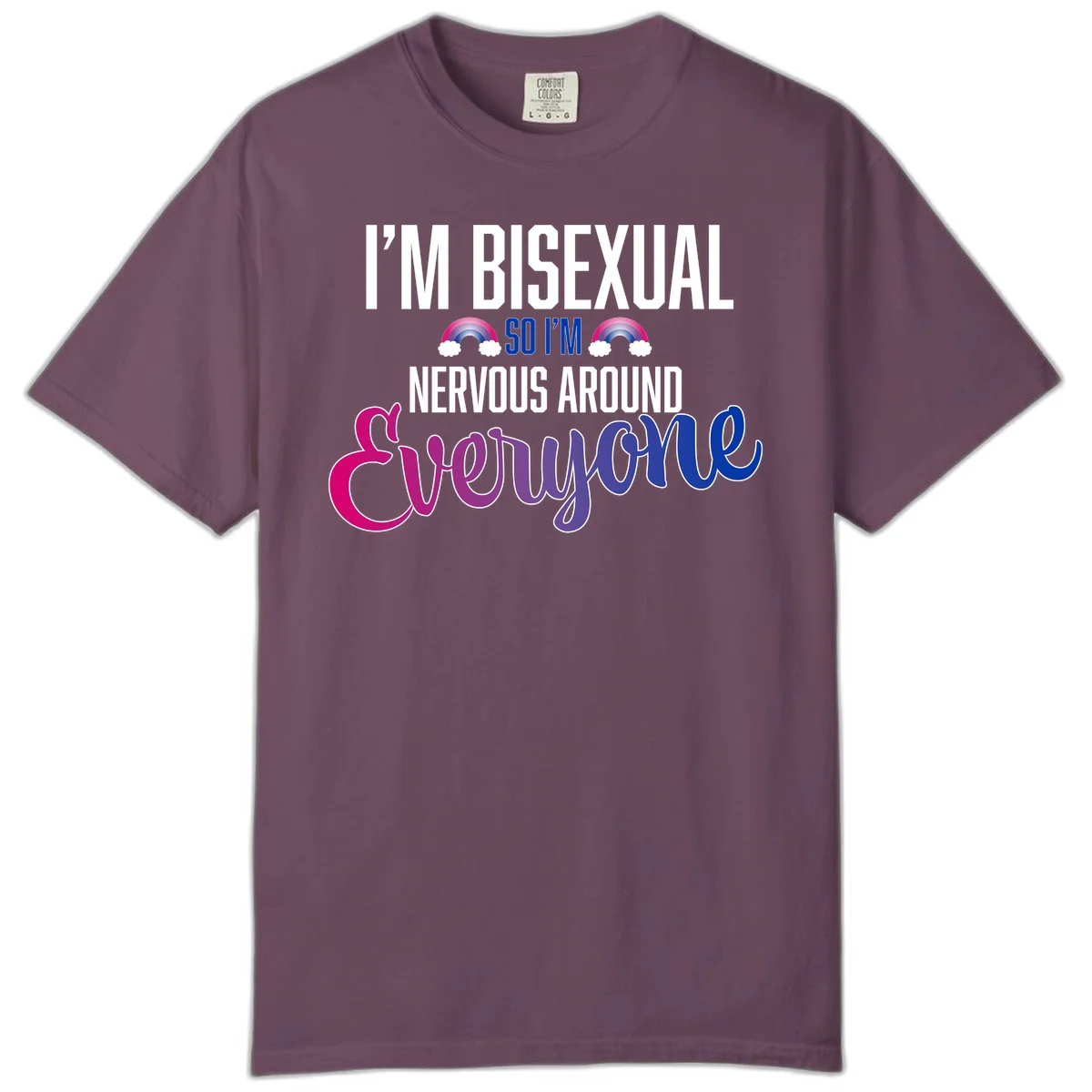 Bisexual nervous energy design with white text and rainbow clouds on gray background, featuring humorous pride message in Berry