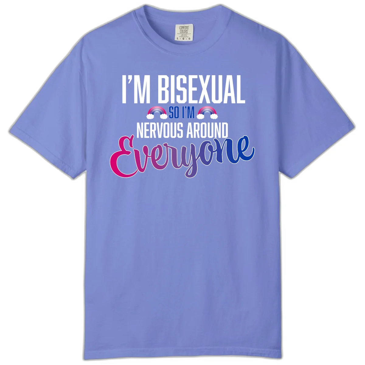 Bisexual nervous energy design with white text and rainbow clouds on gray background, featuring humorous pride message in Flo Blue