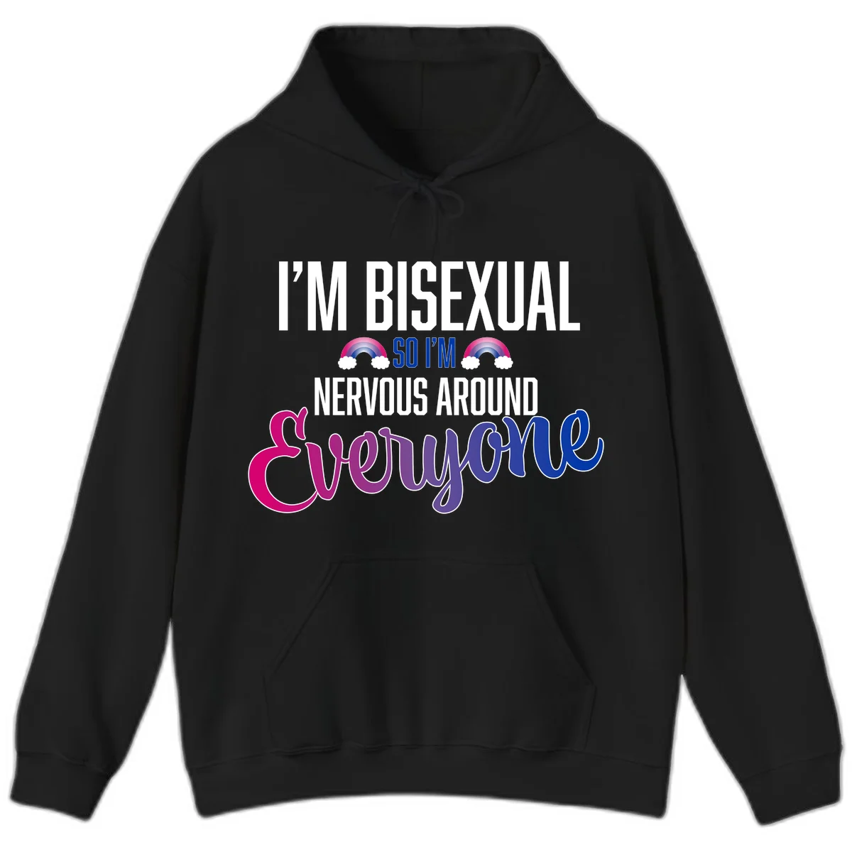 Bisexual nervous energy design with white text and rainbow clouds on gray background, featuring humorous pride message in Black