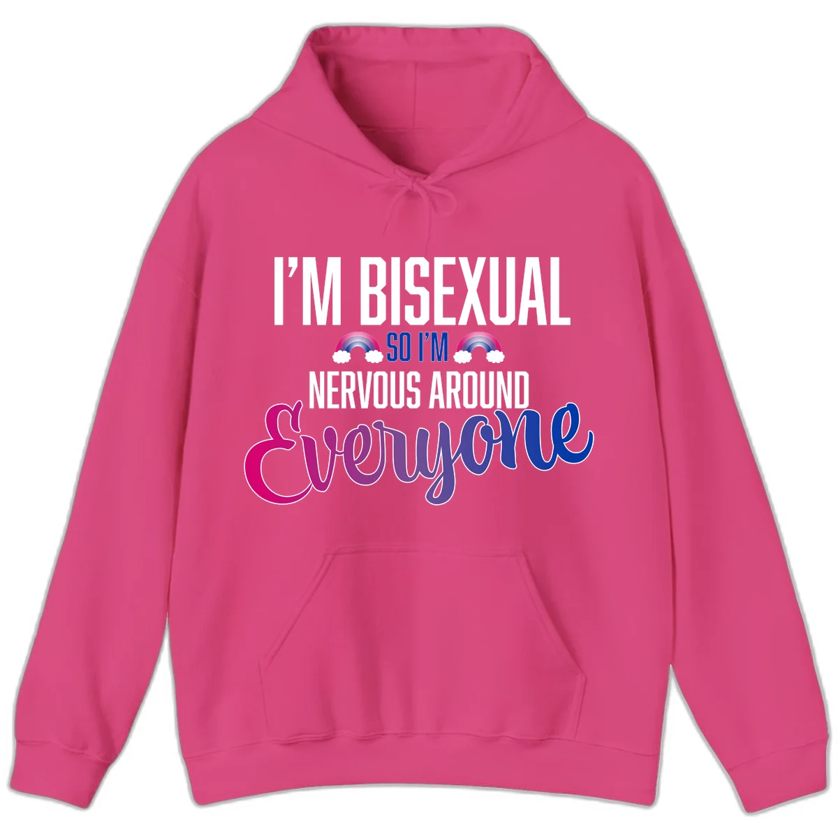 Bisexual nervous energy design with white text and rainbow clouds on gray background, featuring humorous pride message in Heliconia