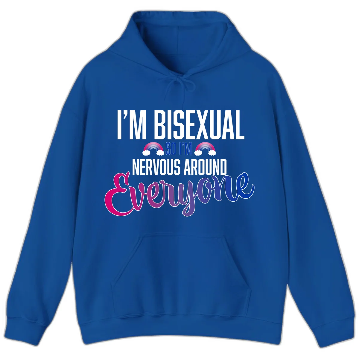 Bisexual nervous energy design with white text and rainbow clouds on gray background, featuring humorous pride message in Royal