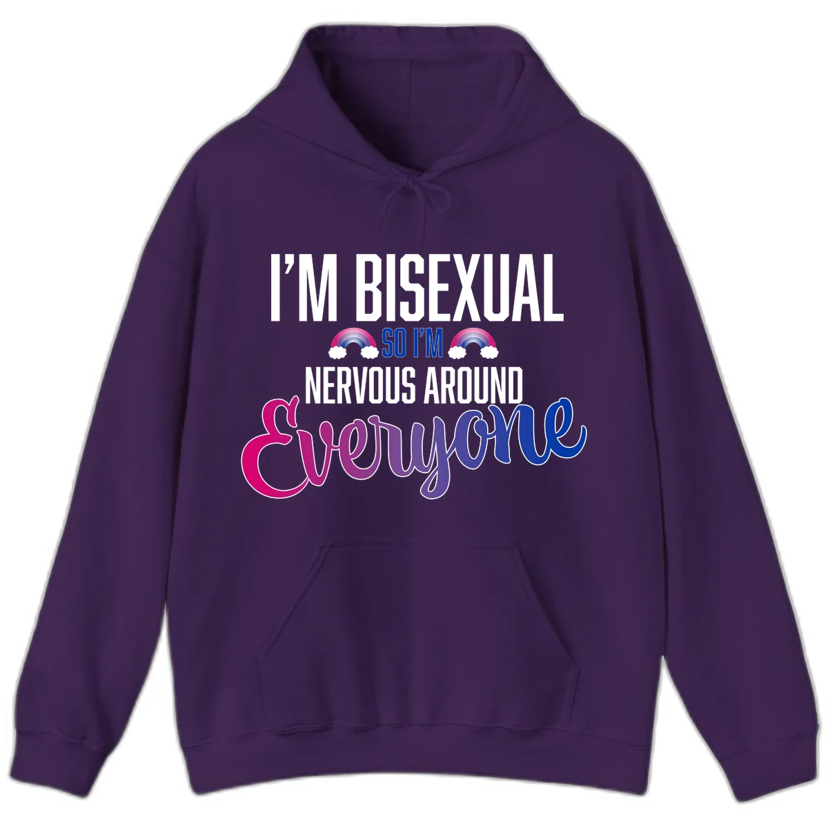 Bisexual nervous energy design with white text and rainbow clouds on gray background, featuring humorous pride message in Purple