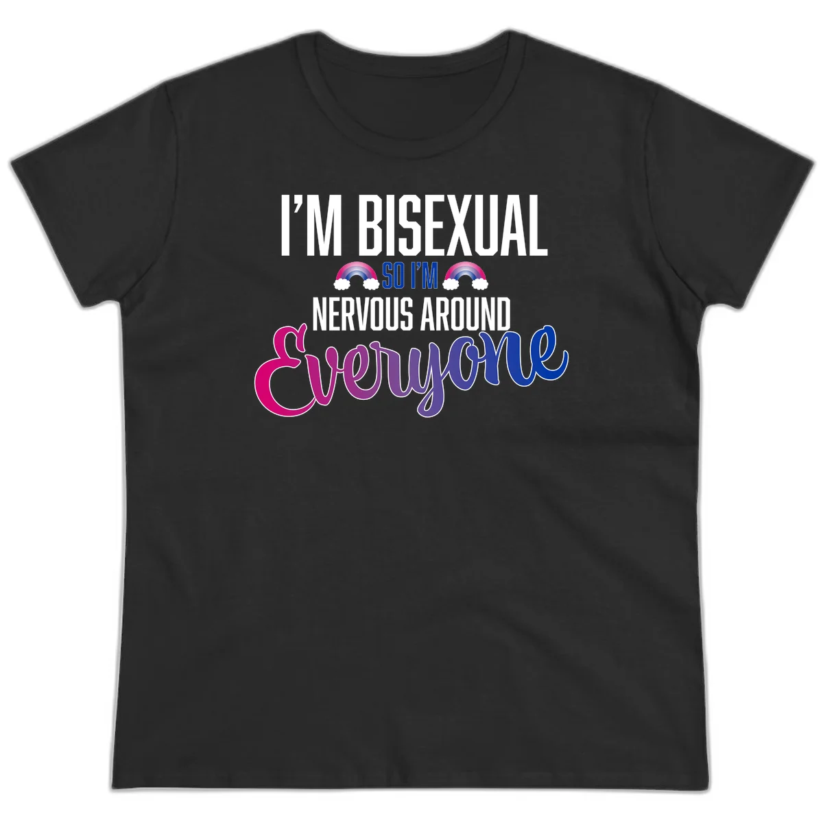 Bisexual nervous energy design with white text and rainbow clouds on gray background, featuring humorous pride message in Black