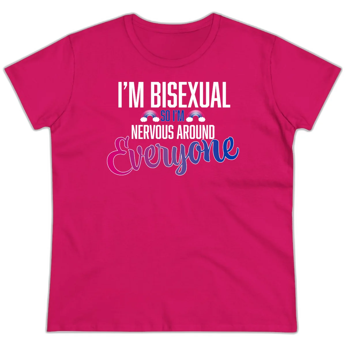 Bisexual nervous energy design with white text and rainbow clouds on gray background, featuring humorous pride message in Heliconia