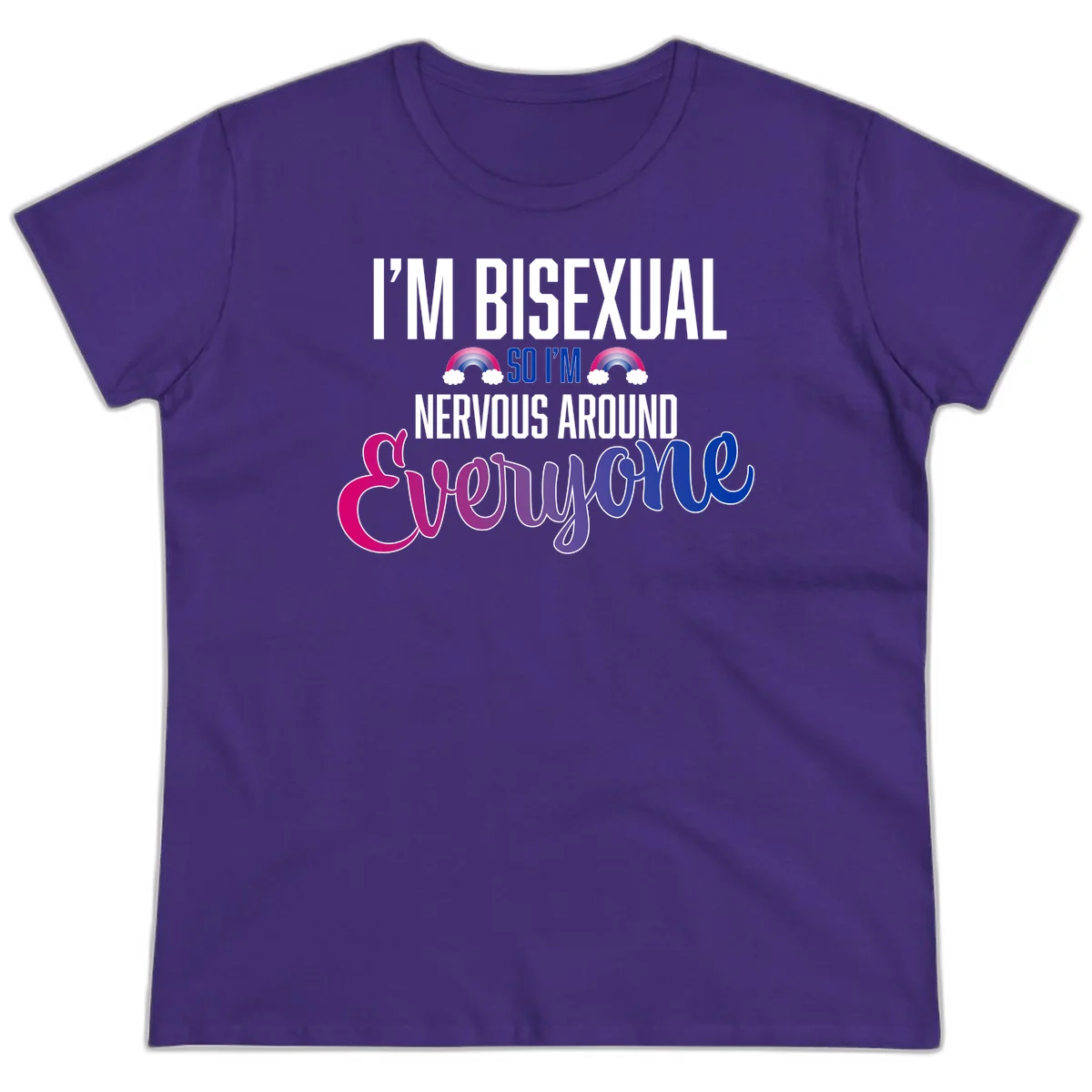 Bisexual nervous energy design with white text and rainbow clouds on gray background, featuring humorous pride message in Purple