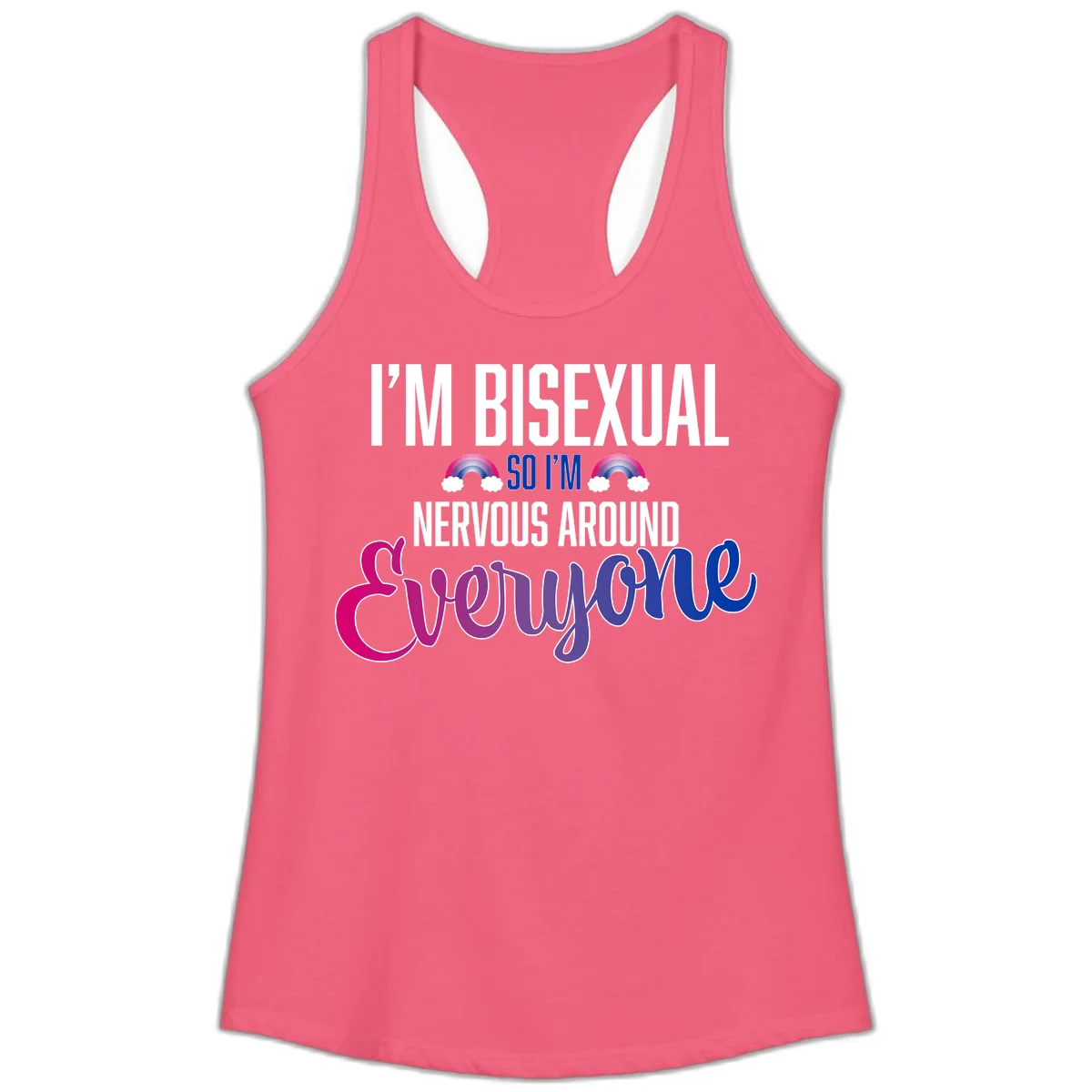 Bisexual nervous energy design with white text and rainbow clouds on gray background, featuring humorous pride message in Hot Pink