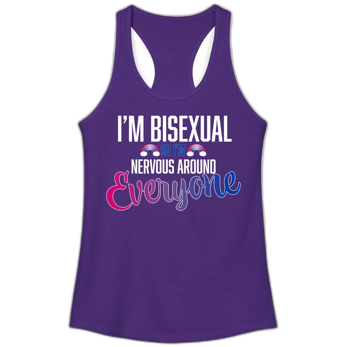 Bisexual nervous energy design with white text and rainbow clouds on gray background, featuring humorous pride message in Solid Purple Rush