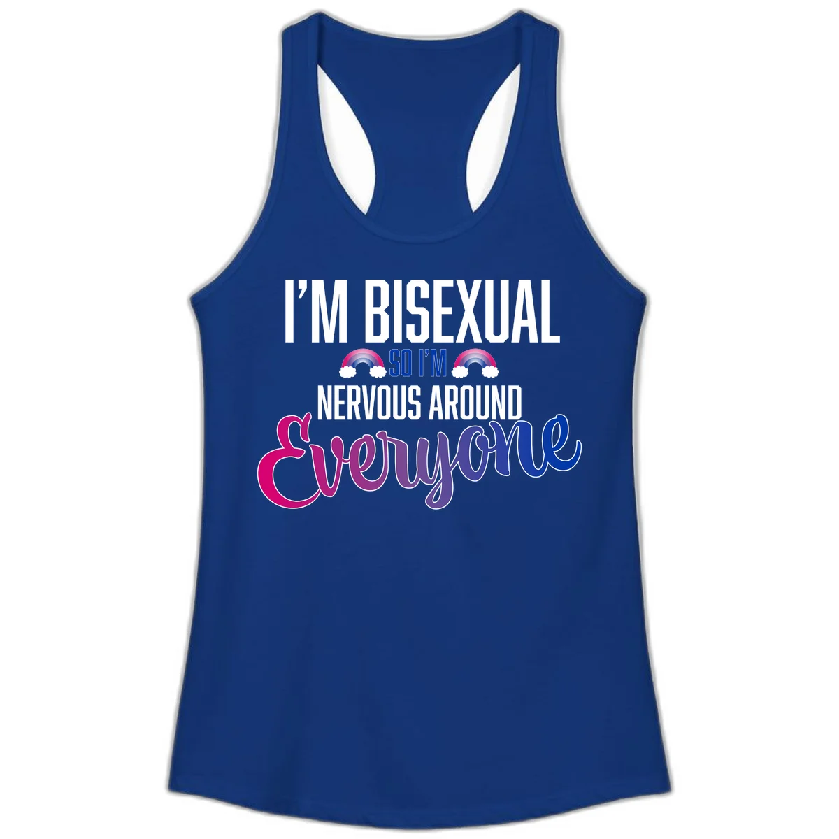 Bisexual nervous energy design with white text and rainbow clouds on gray background, featuring humorous pride message in Solid Royal