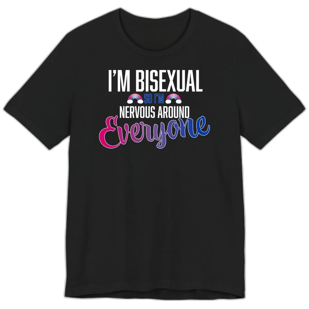 Bisexual nervous energy design with white text and rainbow clouds on gray background, featuring humorous pride message in Black