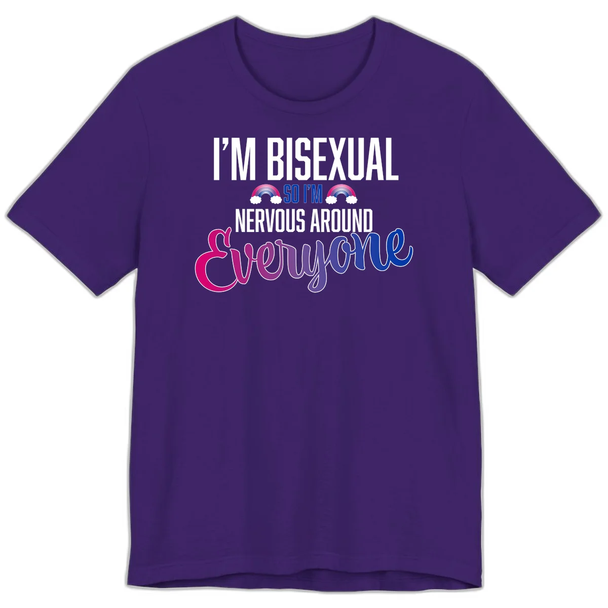 Bisexual nervous energy design with white text and rainbow clouds on gray background, featuring humorous pride message in Team Purple