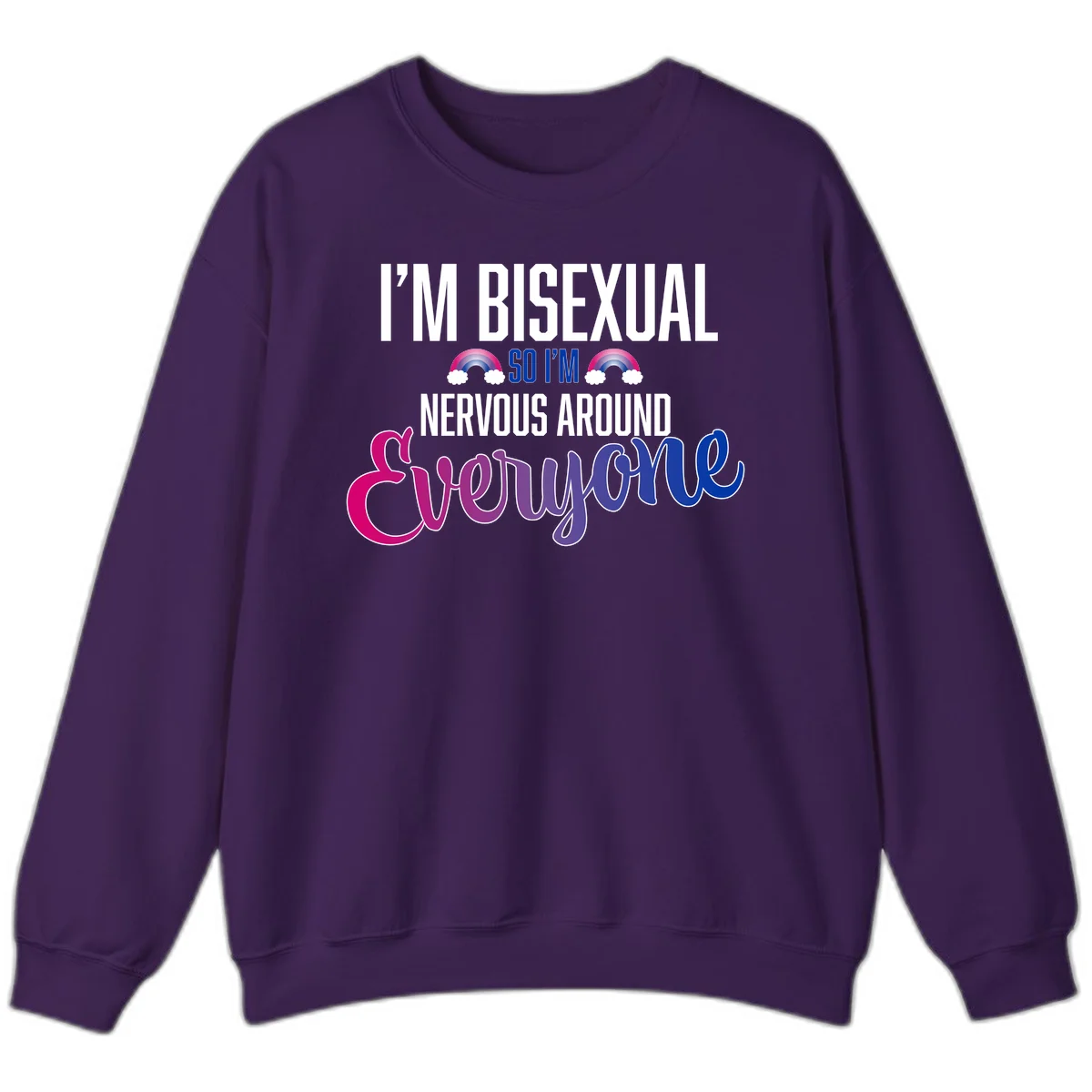 Bisexual nervous energy design with white text and rainbow clouds on gray background, featuring humorous pride message in Purple