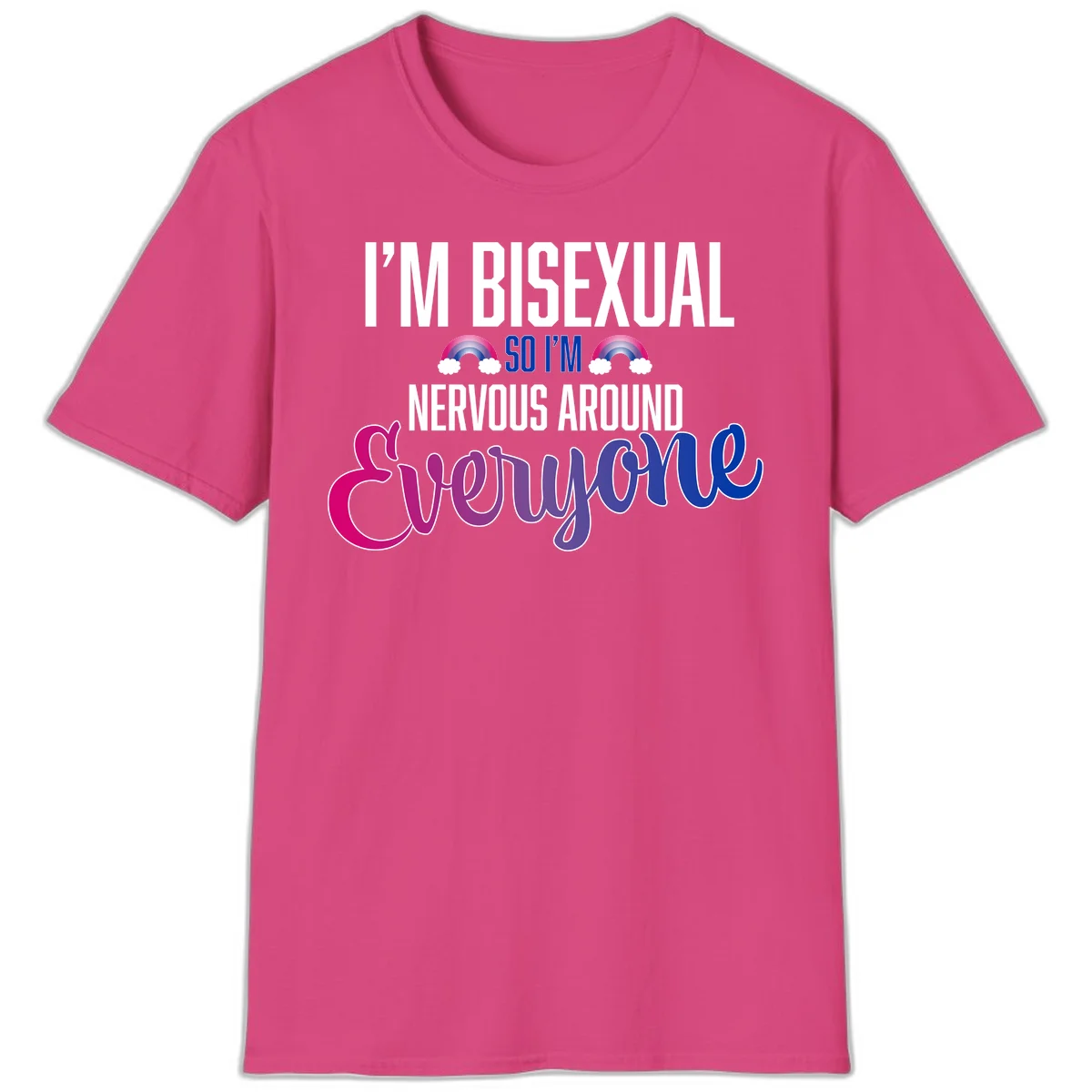 Bisexual nervous energy design with white text and rainbow clouds on gray background, featuring humorous pride message in Heliconia