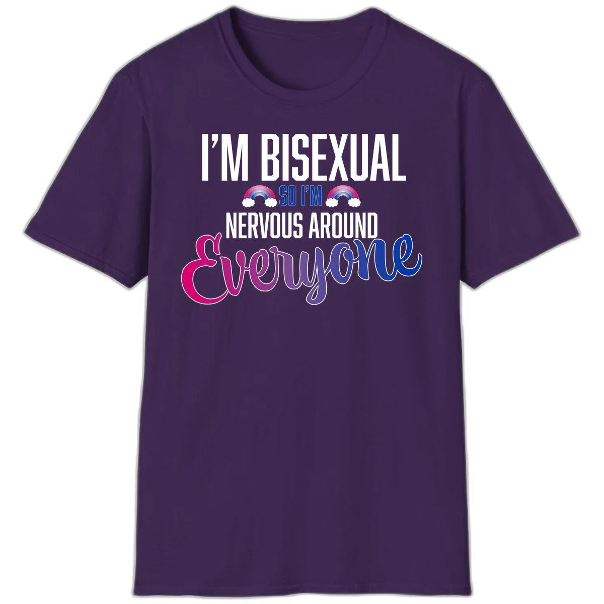 Bisexual nervous energy design with white text and rainbow clouds on gray background, featuring humorous pride message in Purple