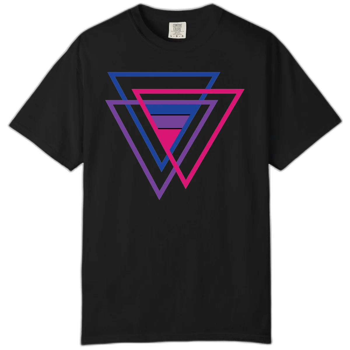 Nested triangles pride design with concentric blue, magenta, and purple geometric layers and black accent lines in Black