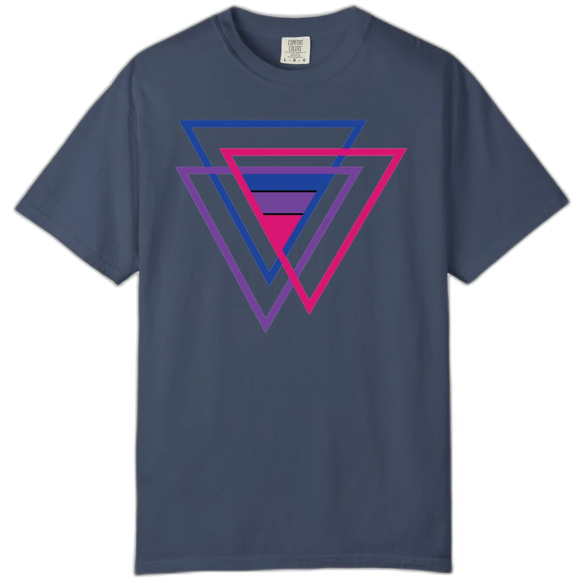 Nested triangles pride design with concentric blue, magenta, and purple geometric layers and black accent lines in Midnight