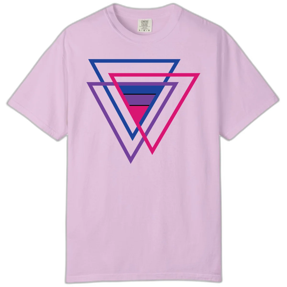 Nested triangles pride design with concentric blue, magenta, and purple geometric layers and black accent lines in Orchid