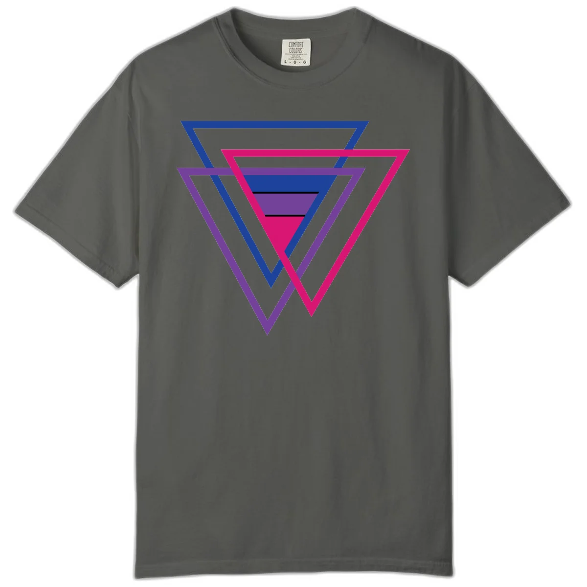 Nested triangles pride design with concentric blue, magenta, and purple geometric layers and black accent lines in Pepper