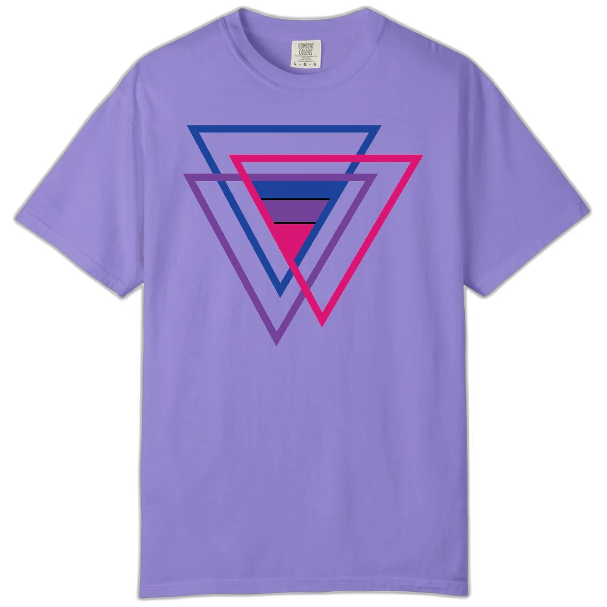 Nested triangles pride design with concentric blue, magenta, and purple geometric layers and black accent lines in Violet