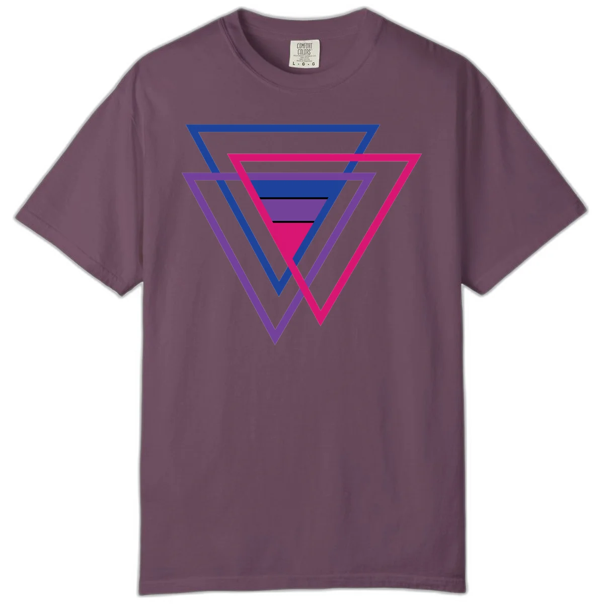 Nested triangles pride design with concentric blue, magenta, and purple geometric layers and black accent lines in Berry