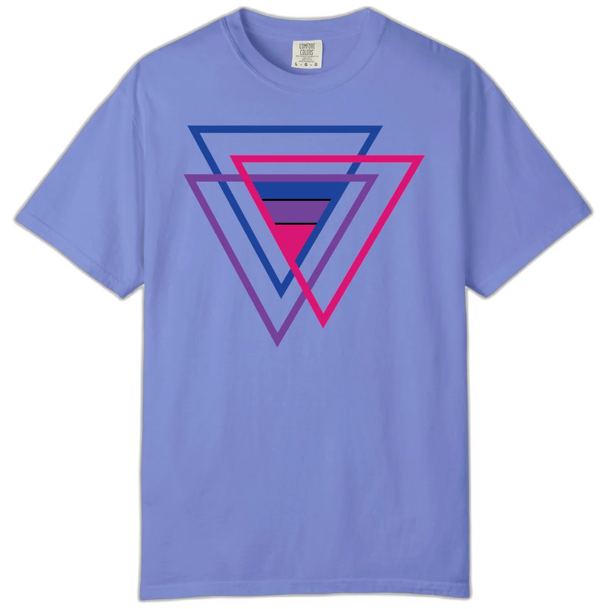 Nested triangles pride design with concentric blue, magenta, and purple geometric layers and black accent lines in Flo Blue