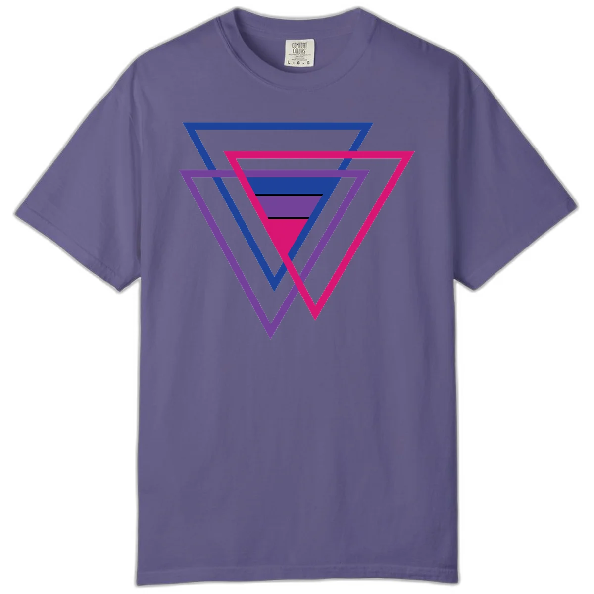 Nested triangles pride design with concentric blue, magenta, and purple geometric layers and black accent lines in Grape