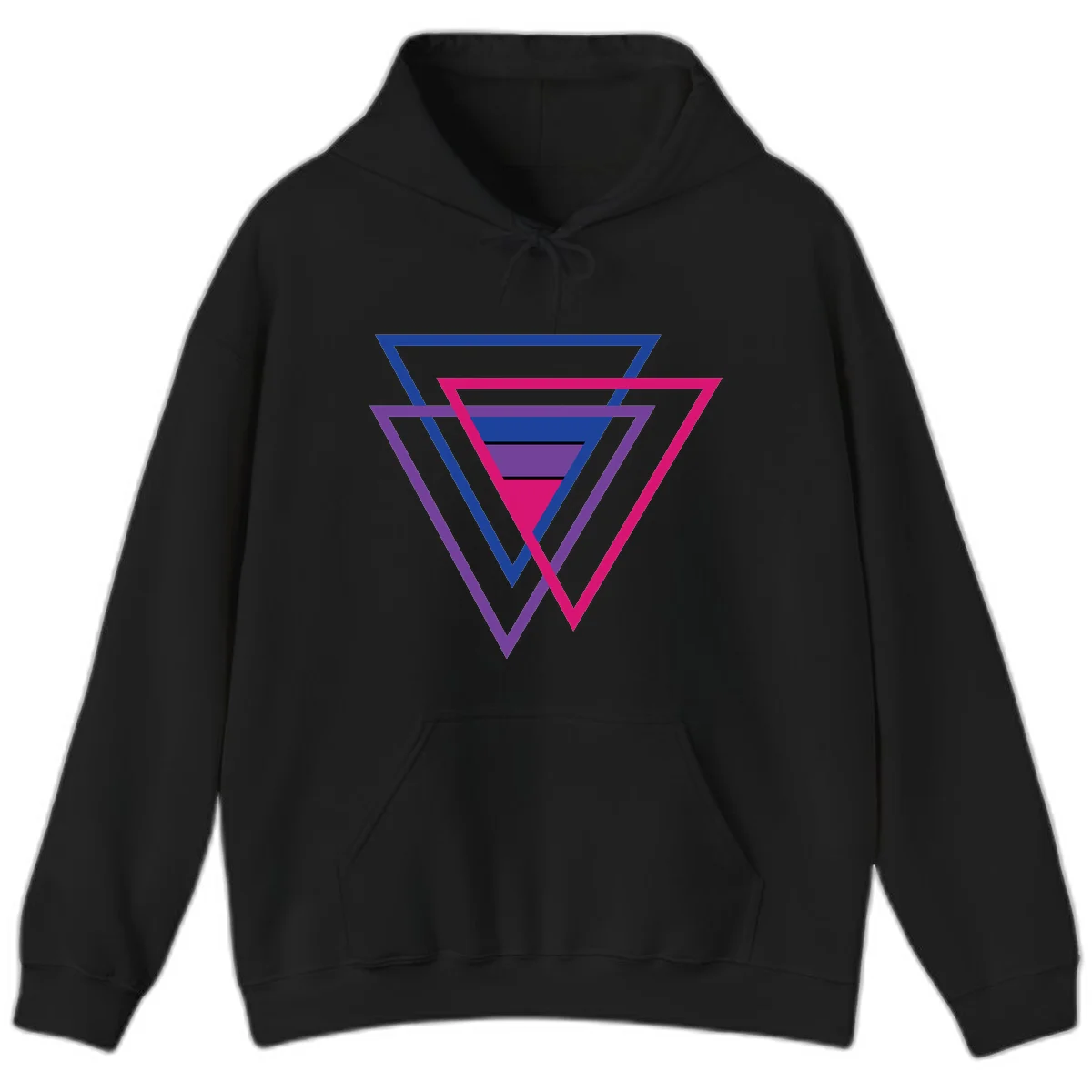 Nested triangles pride design with concentric blue, magenta, and purple geometric layers and black accent lines in Black
