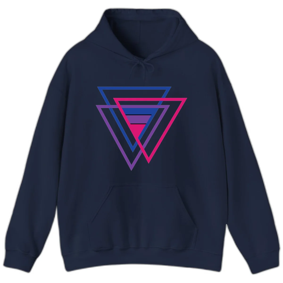 Nested triangles pride design with concentric blue, magenta, and purple geometric layers and black accent lines in Navy