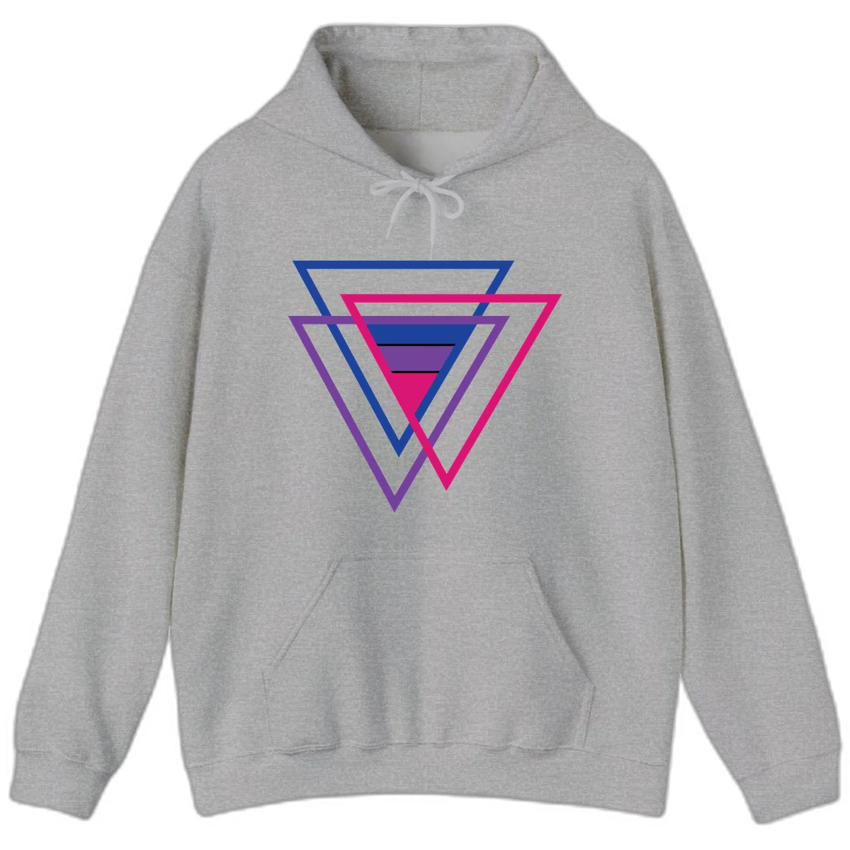 Nested triangles pride design with concentric blue, magenta, and purple geometric layers and black accent lines in Sport Grey