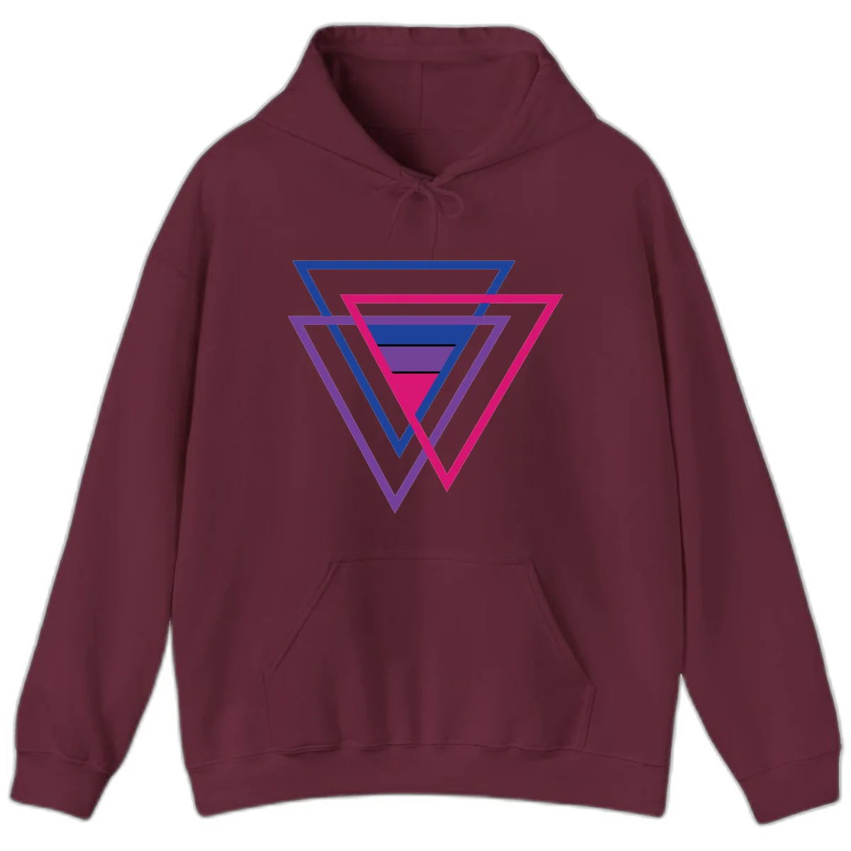 Nested triangles pride design with concentric blue, magenta, and purple geometric layers and black accent lines in Maroon