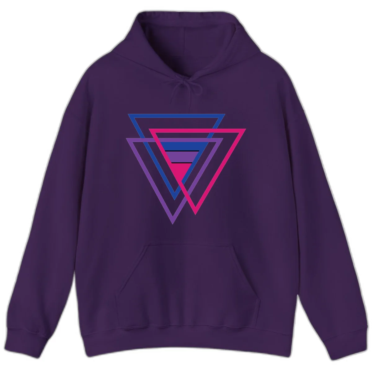 Nested triangles pride design with concentric blue, magenta, and purple geometric layers and black accent lines in Purple