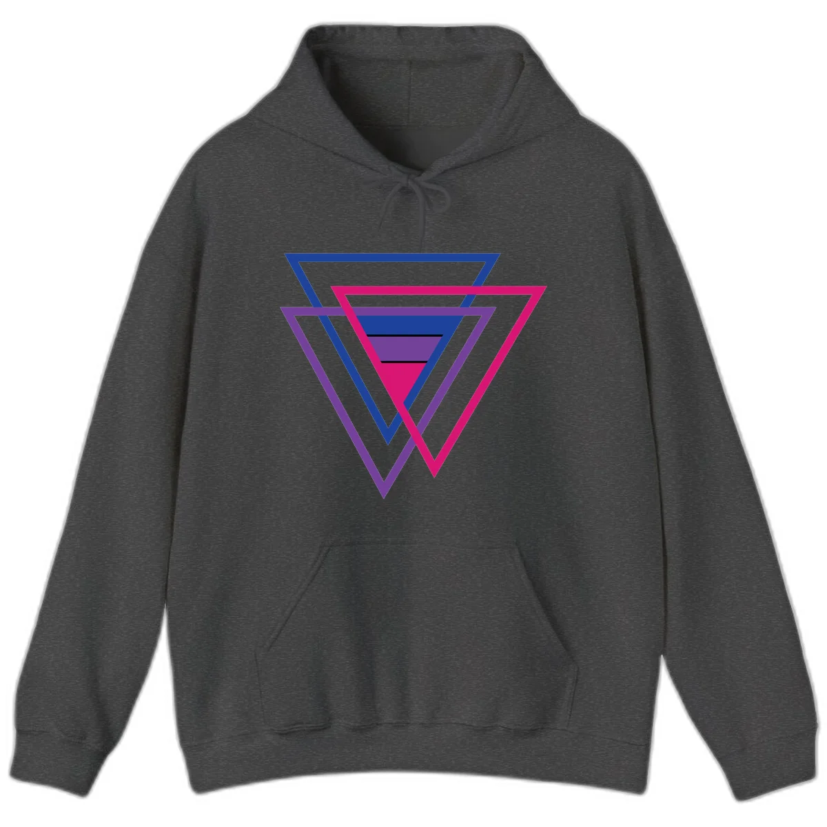 Nested triangles pride design with concentric blue, magenta, and purple geometric layers and black accent lines in Dark Heather