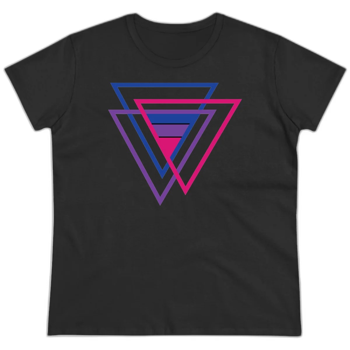 Nested triangles pride design with concentric blue, magenta, and purple geometric layers and black accent lines in Black