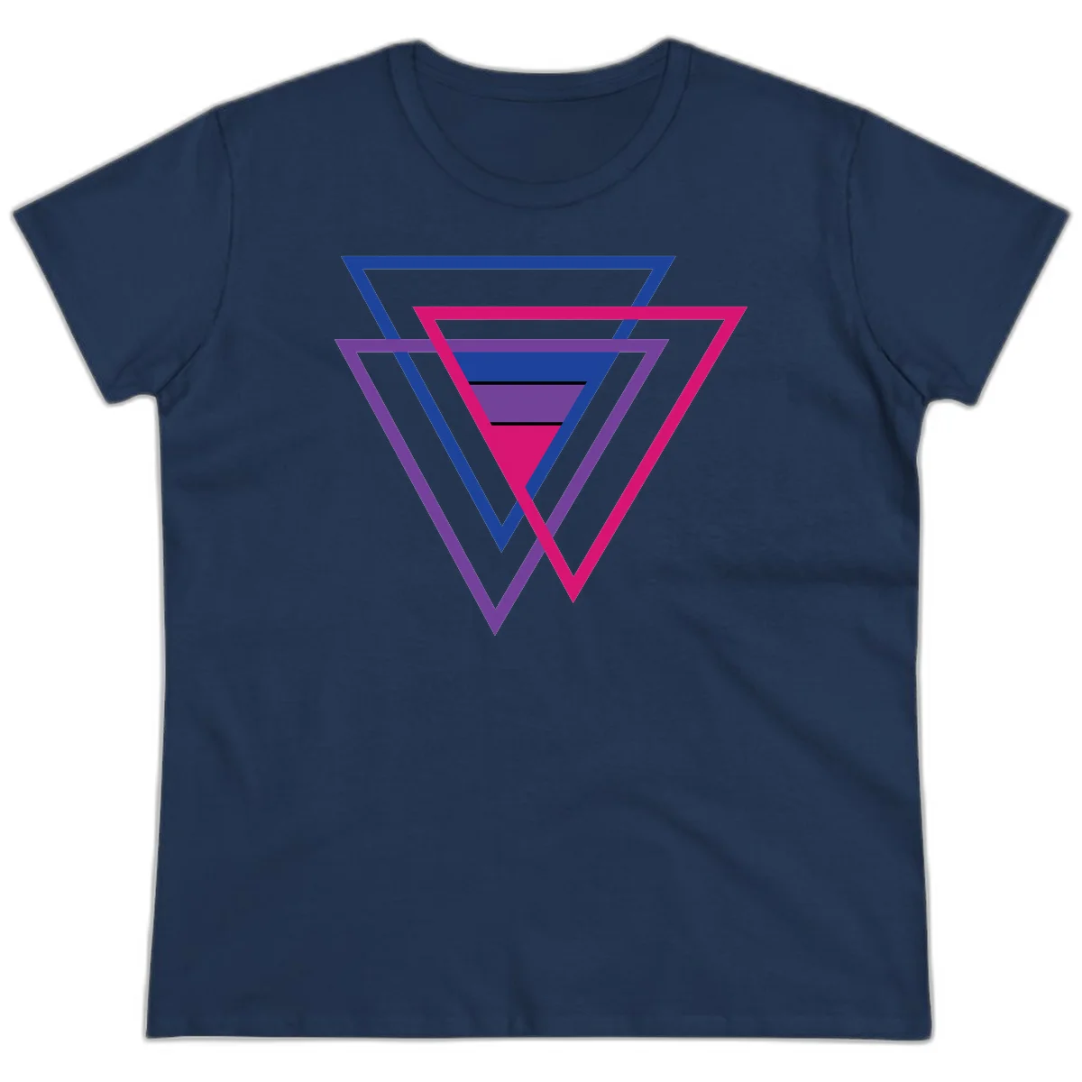 Nested triangles pride design with concentric blue, magenta, and purple geometric layers and black accent lines in Navy